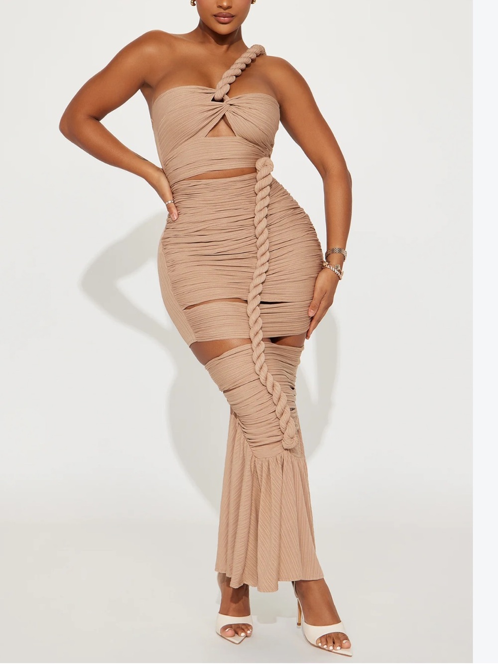 Fashion Nova Beige Rope-Detail One-Shoulder Maxi Dress
